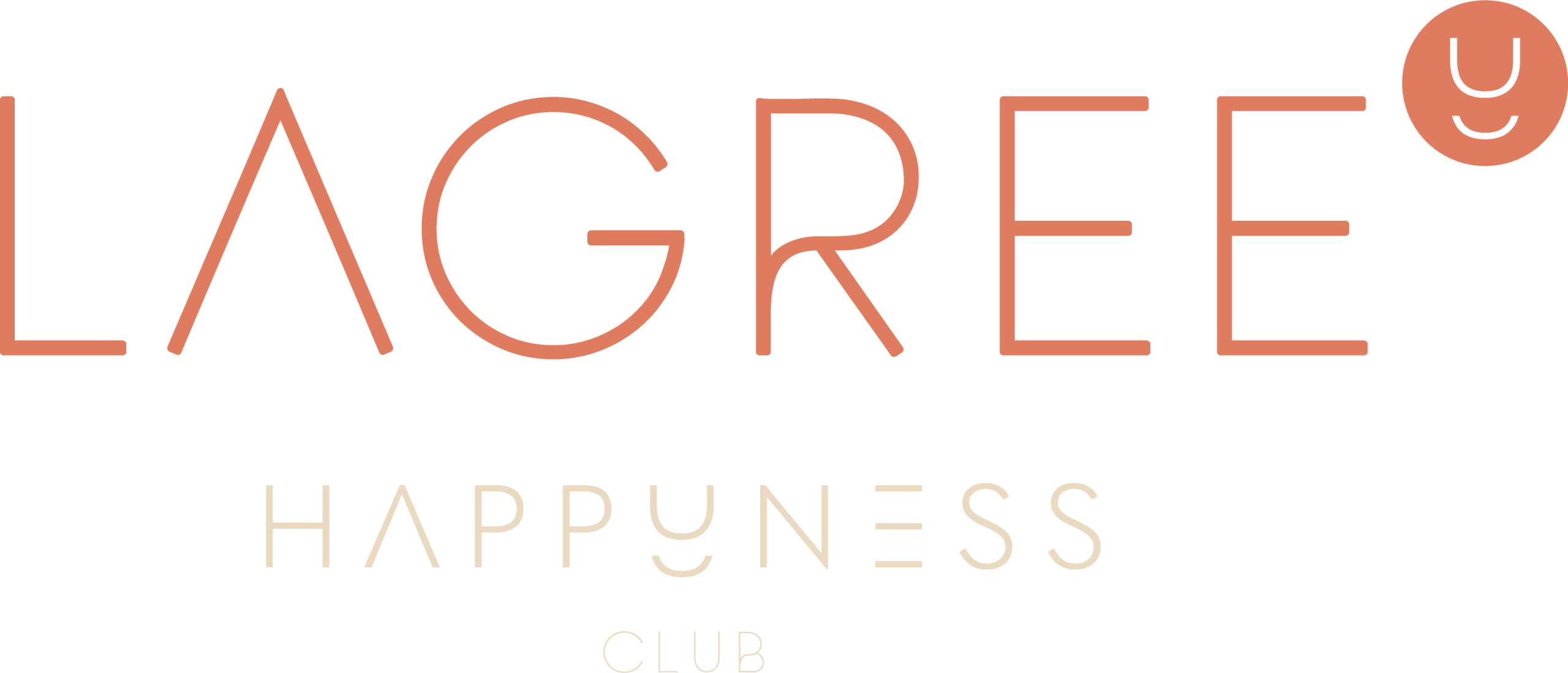 Graphisme minimaliste où le mot « LAGREE » est écrit en grandes lettres saumon sur fond gris clair avec un petit symbole rond souriant ; en transparence sous le titre, on lit « Happyness Club ».
