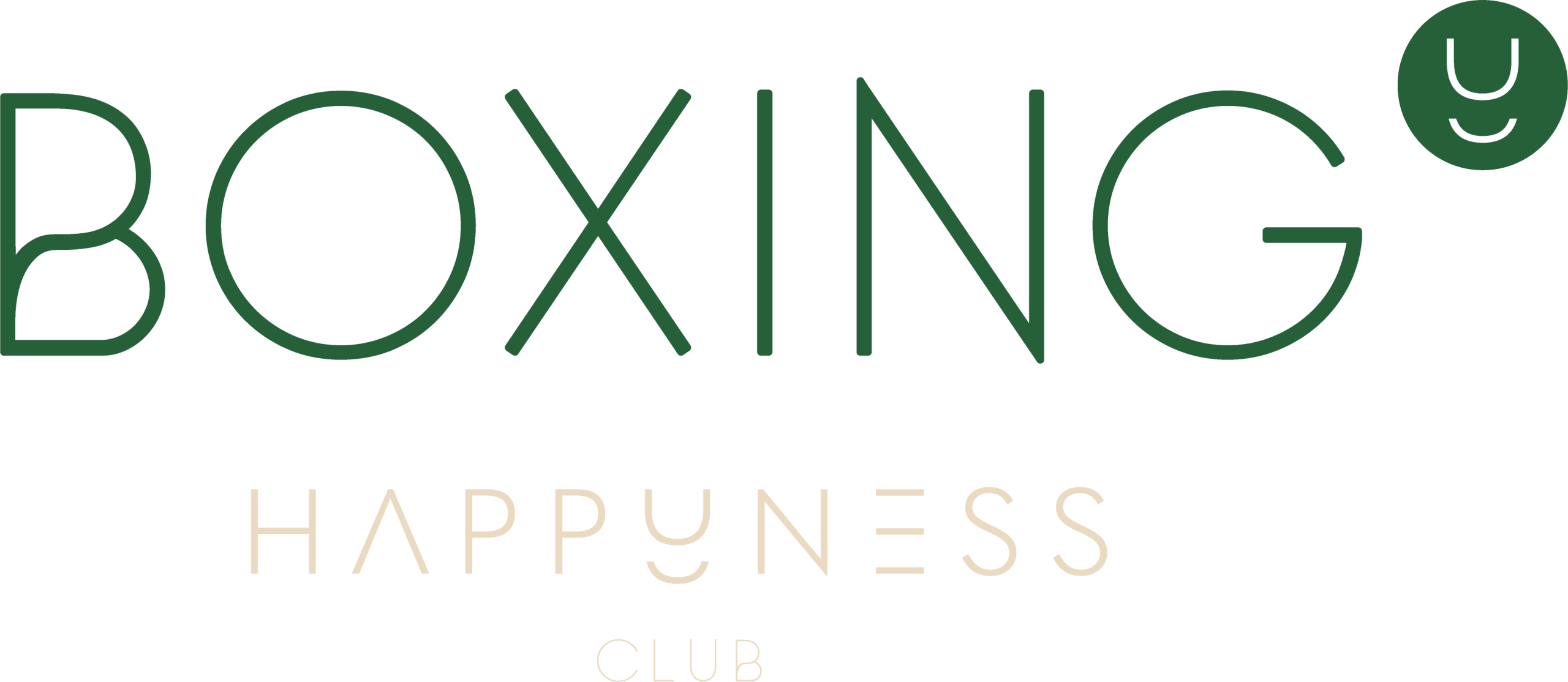 Composition graphique présentant le mot « BOXING » en grandes lettres vert foncé et un symbole rond souriant ; les mots « Happyness Club » apparaissent discrètement en dessous.